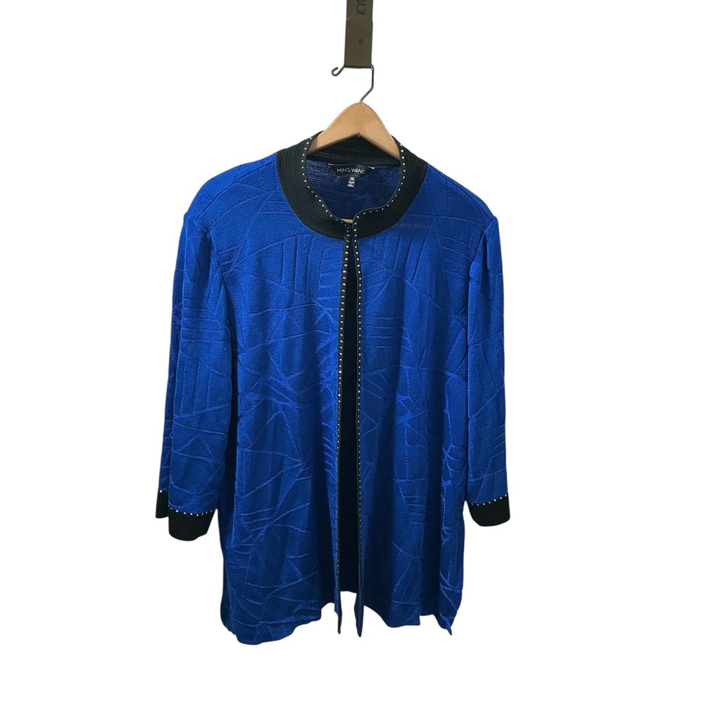 Ming Wang 2X Royal Blue Geometric Textured Studded Open Front Knit Cardigan - Picture 4 of 12